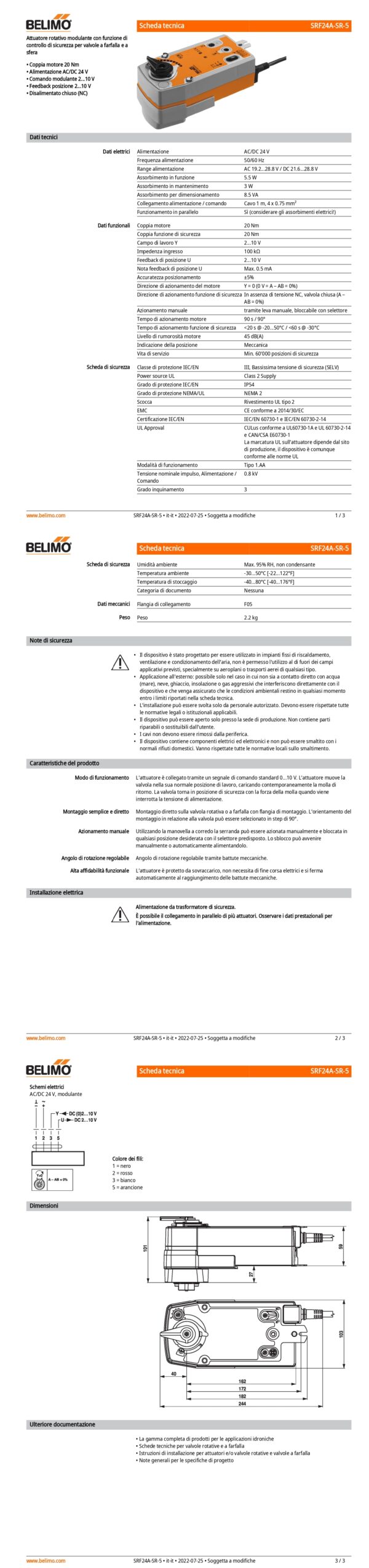 SRF24A-SR-5 Attuatore rotativo con funzione di sicurezza NC, 20 Nm, AC/DC 24 V, 2...10 V, 90 s, IP54, F05 - immagine 2