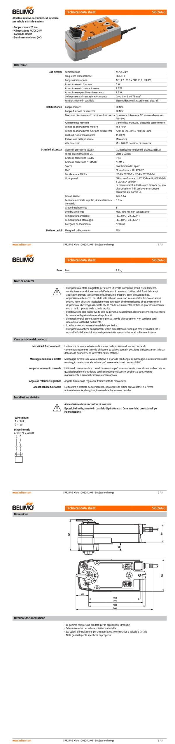 SRF24A-5 Attuatore rotativo con funzione di sicurezza NC, 20 Nm, AC/DC 24 V, On/Off, 75 s, IP54, F05 - immagine 2