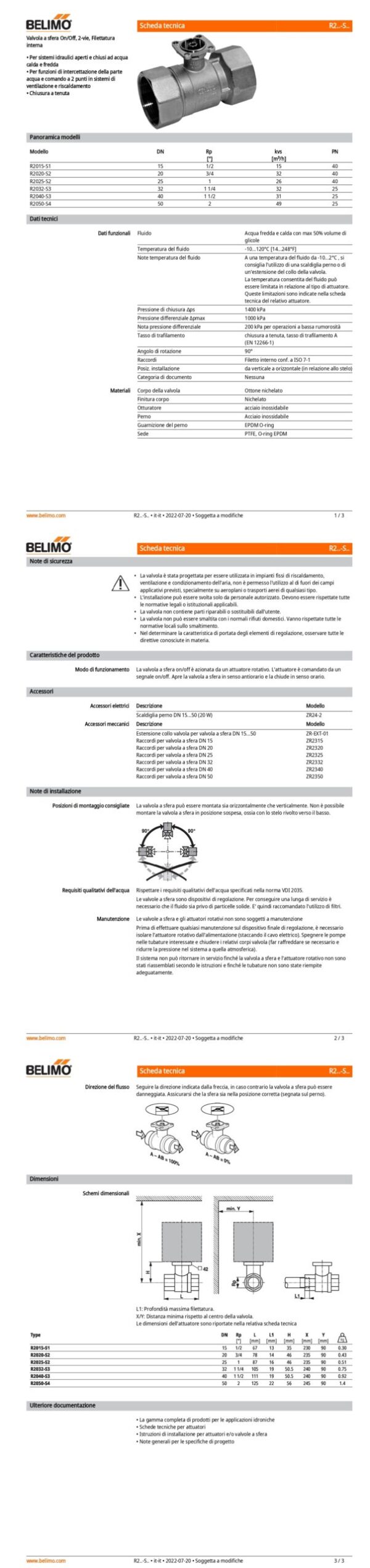 R2020-S2 Valvola a sfera On/Off, 2-vie, DN 20, Filettatura interna, Rp 3/4", PN 40, ps 1600 kPa, kvs 32 m³/h, Temperatura del fluido -10...120°C - immagine 2