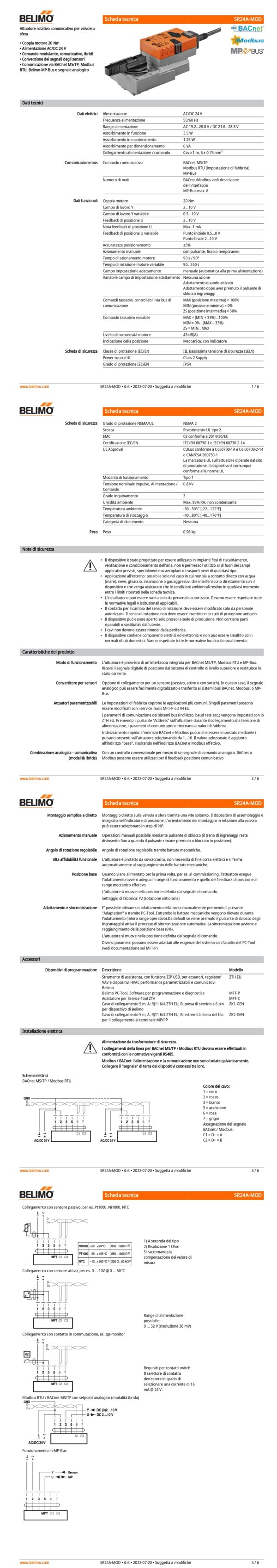 SR24A-MOD Attuatore rotativo, 20 Nm, AC/DC 24 V, BACnet MS/TP, Modbus RTU, MP-Bus, 90 s (90...350 s), IP54 - immagine 2
