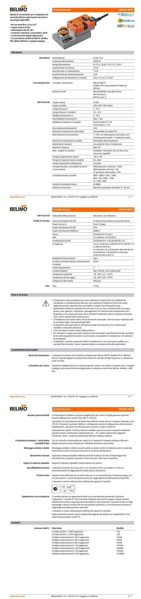 SM24A-MOD Attuatore rotativo, 20 Nm, AC/DC 24 V, BACnet MS/TP, Modbus RTU, MP-Bus, 150 s (86...346 s), IP54 - immagine 2