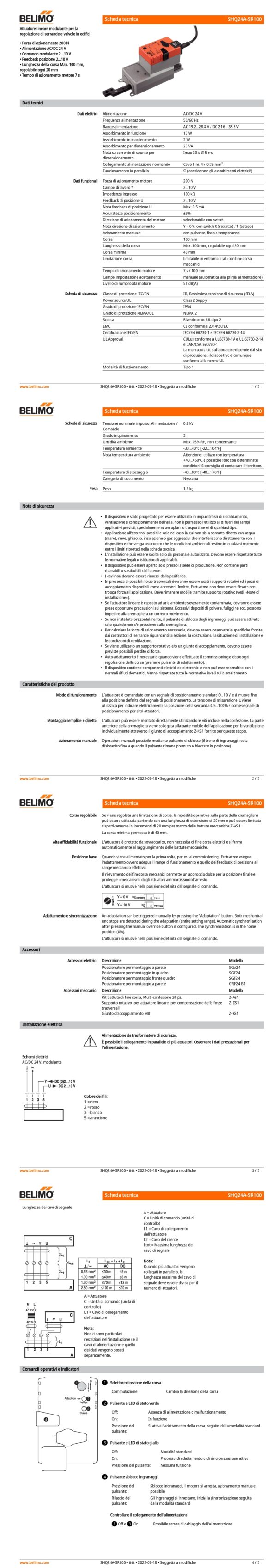 SHQ24A-SR100 Attuatore Lineare, 200 N, AC/DC 24 V, 2...10 V, 7 s, Corsa 100 mm, IP54 - immagine 2