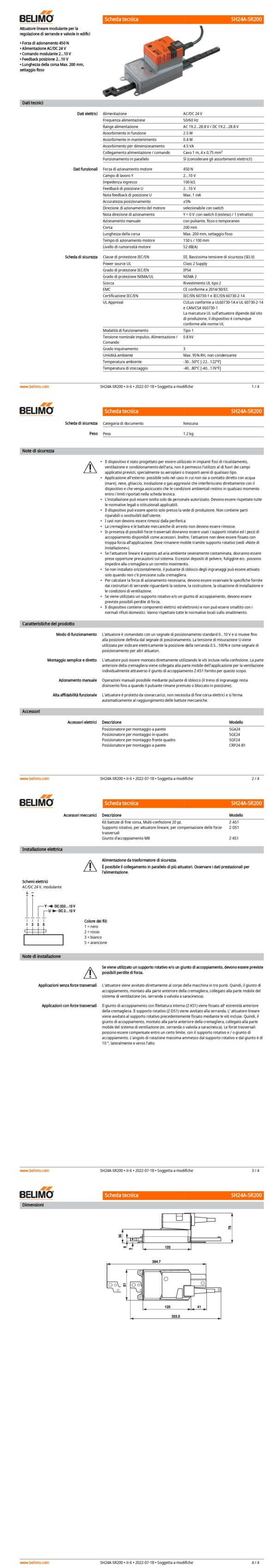SH24A-SR200 Attuatore Lineare, 450 N, AC/DC 24 V, 2...10 V, 150 s, Corsa 200 mm, IP54 - immagine 2