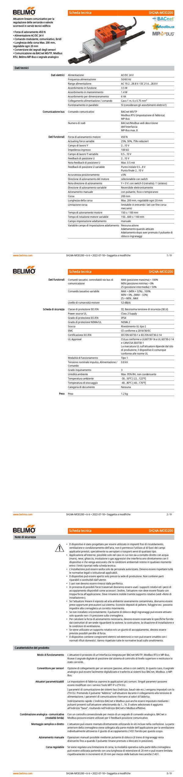 SH24A-MOD200 Attuatore Lineare, 450 N, AC/DC 24 V, BACnet MS/TP, Modbus RTU, MP-Bus, 150 s (150...600 s / 100 mm), Corsa 200 mm, IP54 - immagine 2