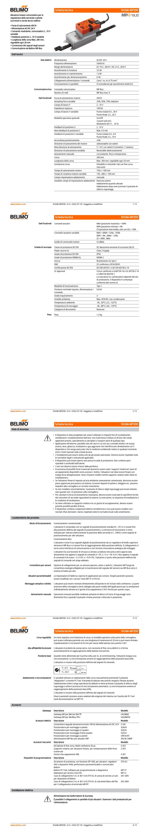 SH24A-MP200 Attuatore Lineare, 450 N, AC/DC 24 V, MP-Bus, 150 s (150...600 s / 100 mm), Corsa 200 mm, IP54 - immagine 2