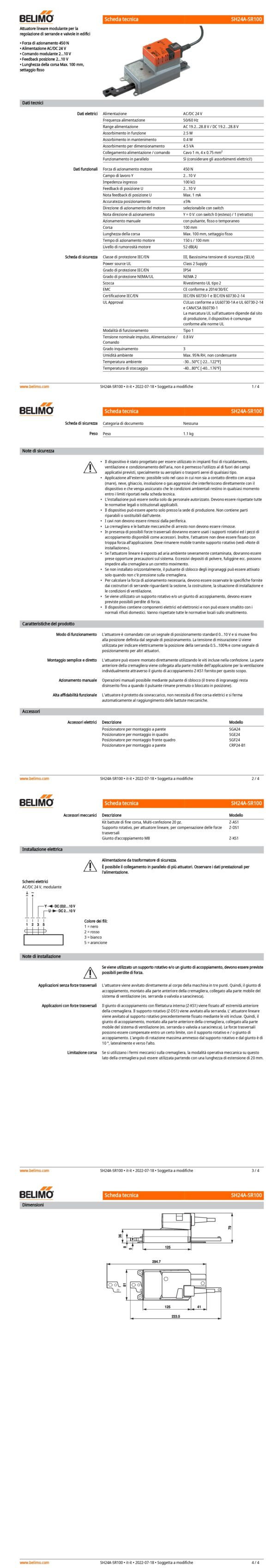 SH24A-SR100 Attuatore Lineare, 450 N, AC/DC 24 V, 2...10 V, 150 s, Corsa 100 mm, IP54 - immagine 2