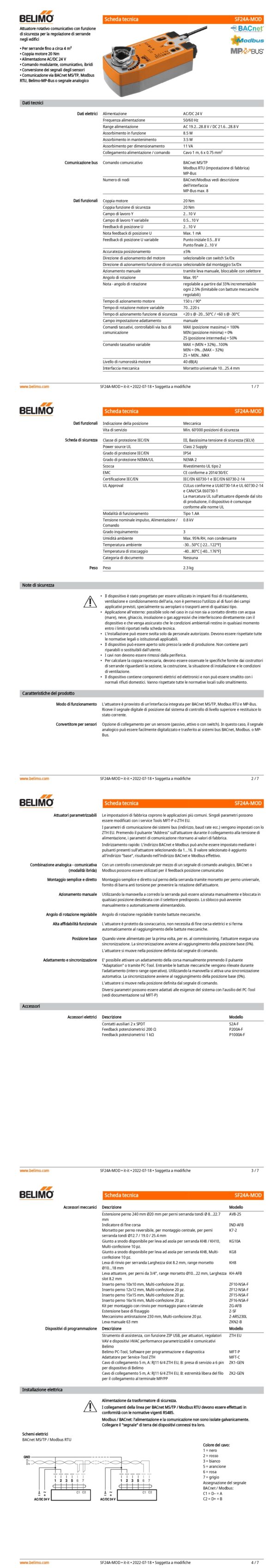 SF24A-MOD Attuatore rotativo, 20 Nm, AC/DC 24 V, BACnet MS/TP, Modbus RTU, MP-Bus, 150 s (70...220 s), IP54 - immagine 2