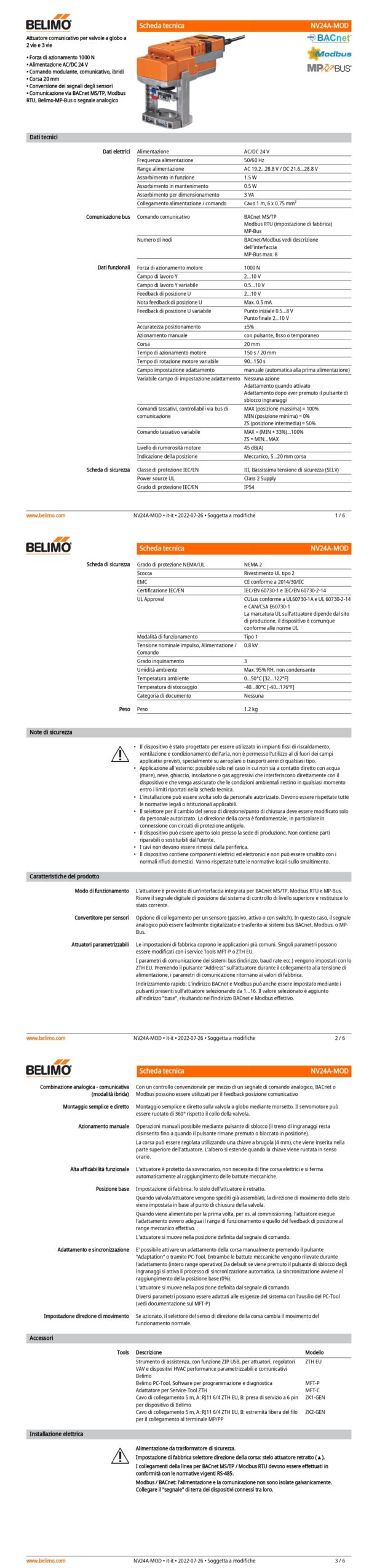 NV24A-MOD Attuatore per valvole a globo, 1000 N, AC/DC 24 V, BACnet MS/TP, Modbus RTU, MP-Bus, 150 s (90...150 s), Corsa 20 mm, IP54 - immagine 2
