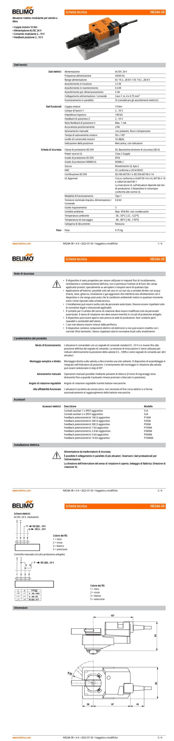 NR24A-SR Attuatore rotativo, 10 Nm, AC/DC 24 V, 2...10 V, 90 s, IP54 - immagine 2