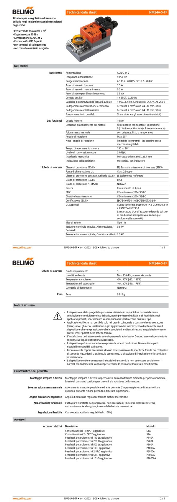 NM24A-S-TP Attuatore rotativo, 10 Nm, AC/DC 24 V, On/Off, 3-punti, 150 s, 1 x SPDT, IP54, Terminali - immagine 2