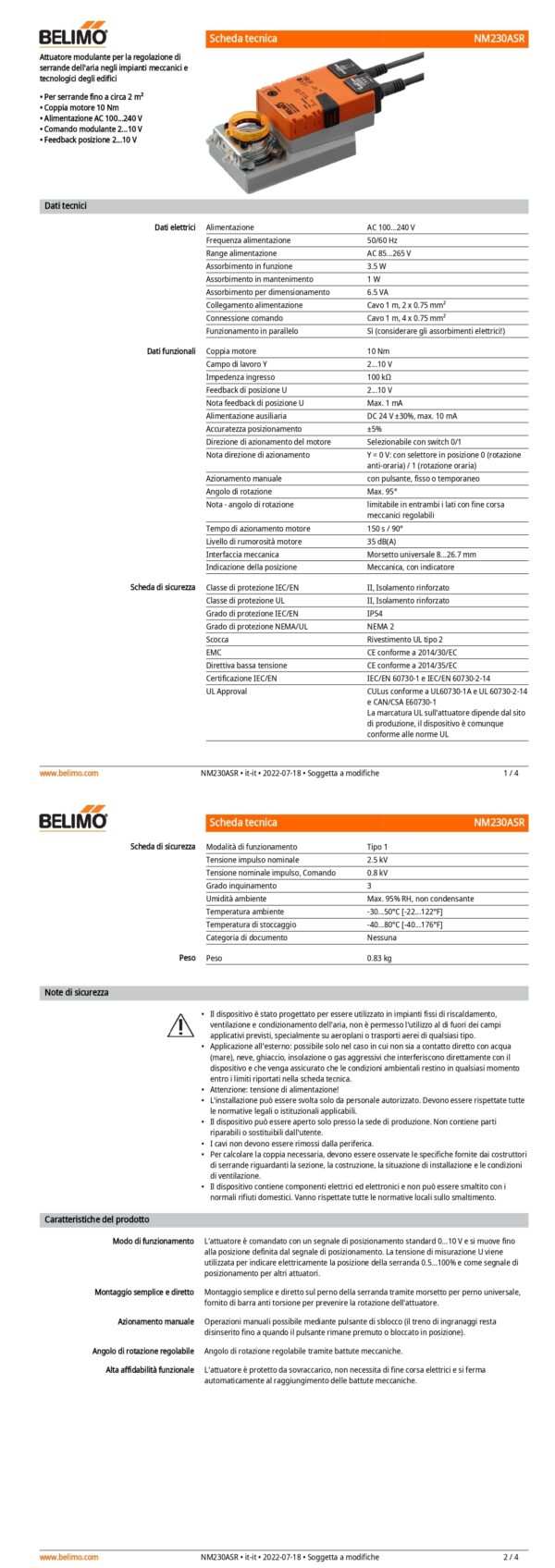 NM230ASR Attuatore rotativo, 10 Nm, AC 100...240 V, 2...10 V, 150 s, IP54 - immagine 2