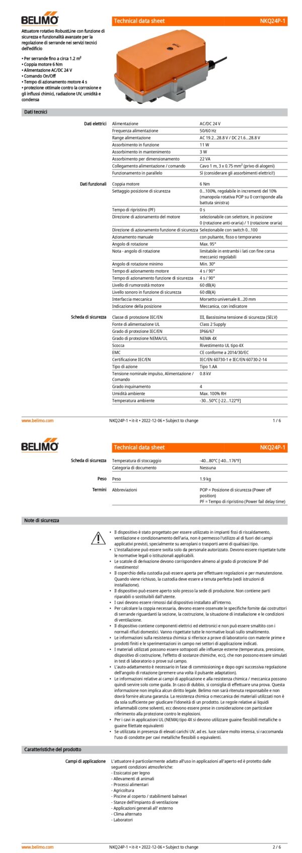 NKQ24P-1 Attuatore rotativo (RobustLine) con funzione di sicurezza, 6 Nm, AC/DC 24 V, On/Off, 4 s, IP66/67 - immagine 2