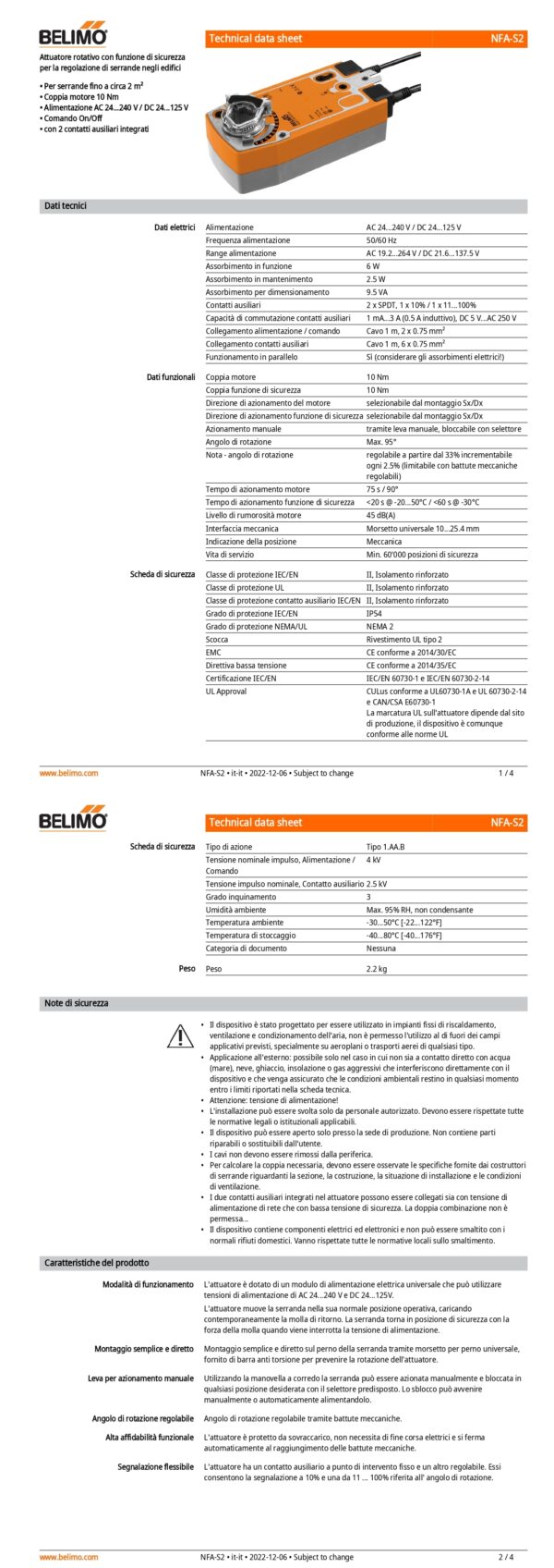 NFA-S2 Attuatore rotativo con funzione di sicurezza, 10 Nm, AC 24...240 V / DC 24...125 V, On/Off, 75 s, 2 x SPDT, IP54 - immagine 2