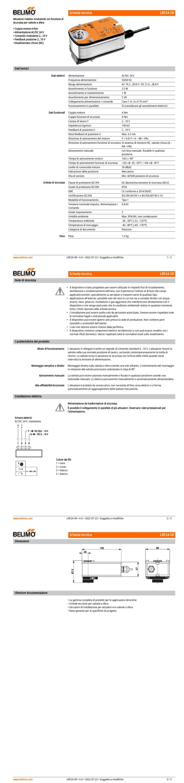 LRF24-SR Attuatore rotativo con funzione di sicurezza NC, 4 Nm, AC/DC 24 V, 2...10 V, 150 s, IP54 - immagine 2