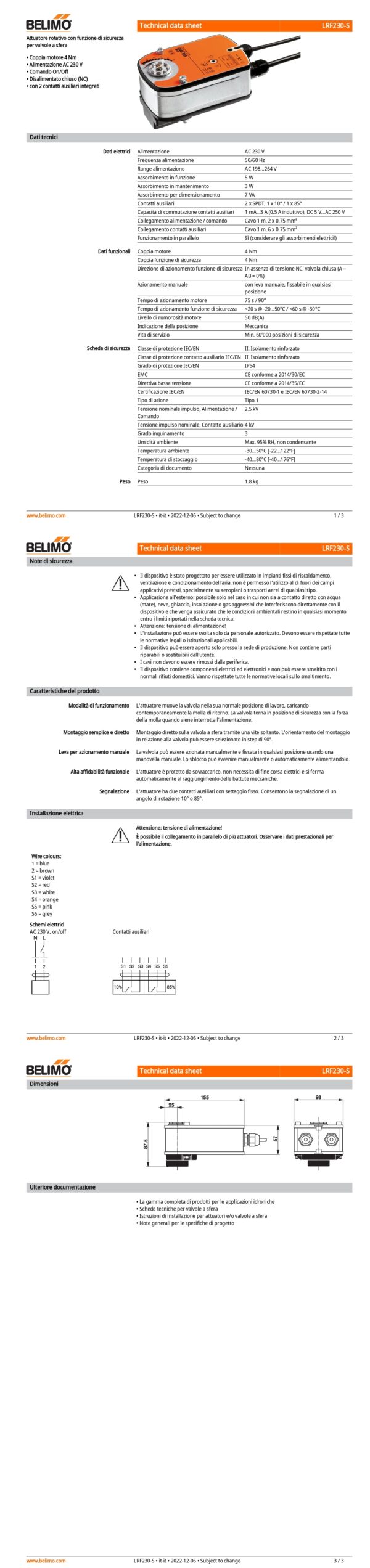 LRF230-S Attuatore rotativo con funzione di sicurezza NC, 4 Nm, AC 230 V, On/Off, 75 s, 2 x SPDT, IP54 - immagine 2