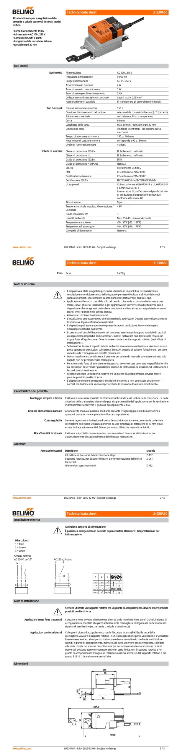 LH230A60 Attuatore Lineare, 150 N, AC 100...240 V, On/Off, 3-punti, 150 s, Corsa 60 mm, IP54 - immagine 2