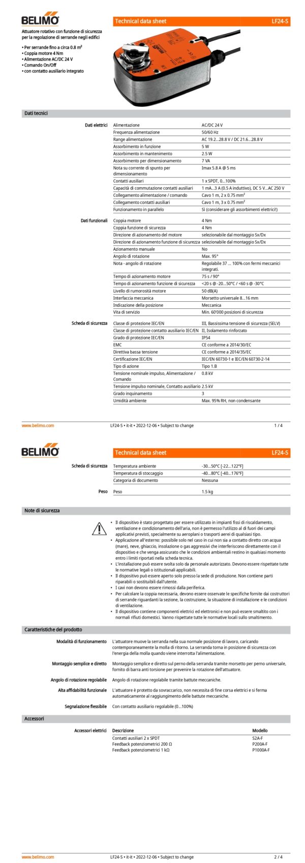 LF24-S Attuatore rotativo con funzione di sicurezza, 4 Nm, AC/DC 24 V, On/Off, 75 s, 1 x SPDT, IP54 - immagine 2