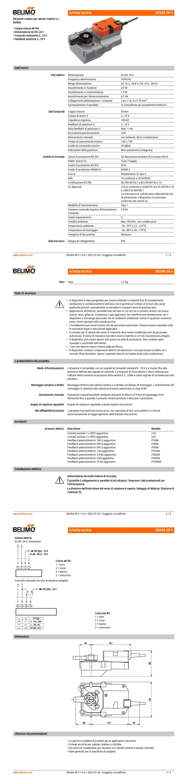 GR24A-SR-5 Attuatore rotativo, 40 Nm, AC/DC 24 V, 2...10 V, 150 s, IP54, F05 - immagine 2