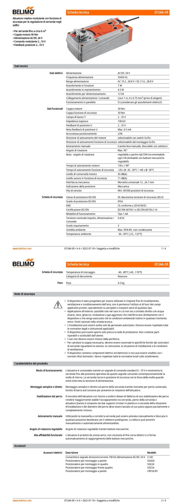 EF24A-SR Attuatore rotativo con funzione di sicurezza, 30 Nm, AC/DC 24 V, 2...10 V, 150 s, IP54 - immagine 2