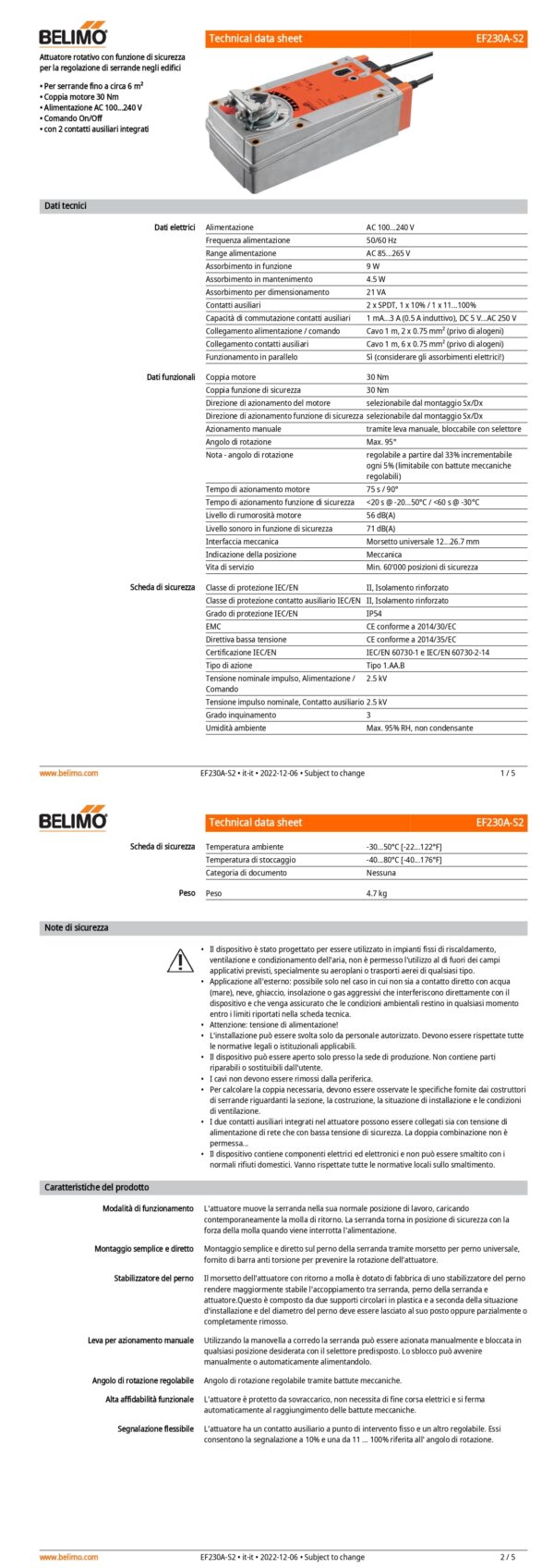 EF230A-S2 Attuatore rotativo con funzione di sicurezza, 30 Nm, AC 100...240 V, On/Off, 75 s, 2 x SPDT, IP54 - immagine 2