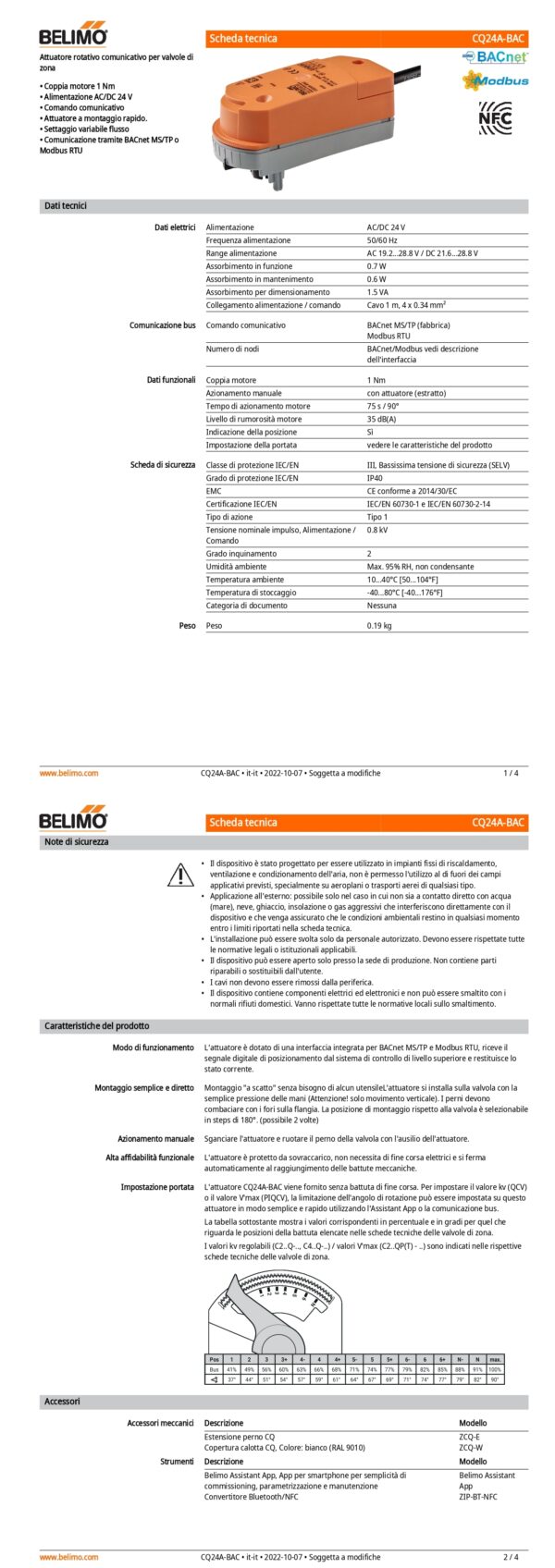 CQ24A-BAC Attuatore rotativo (ZoneTight), 1 Nm, AC/DC 24 V, BACnet MS/TP, Modbus RTU, 75 s, IP40 - immagine 2
