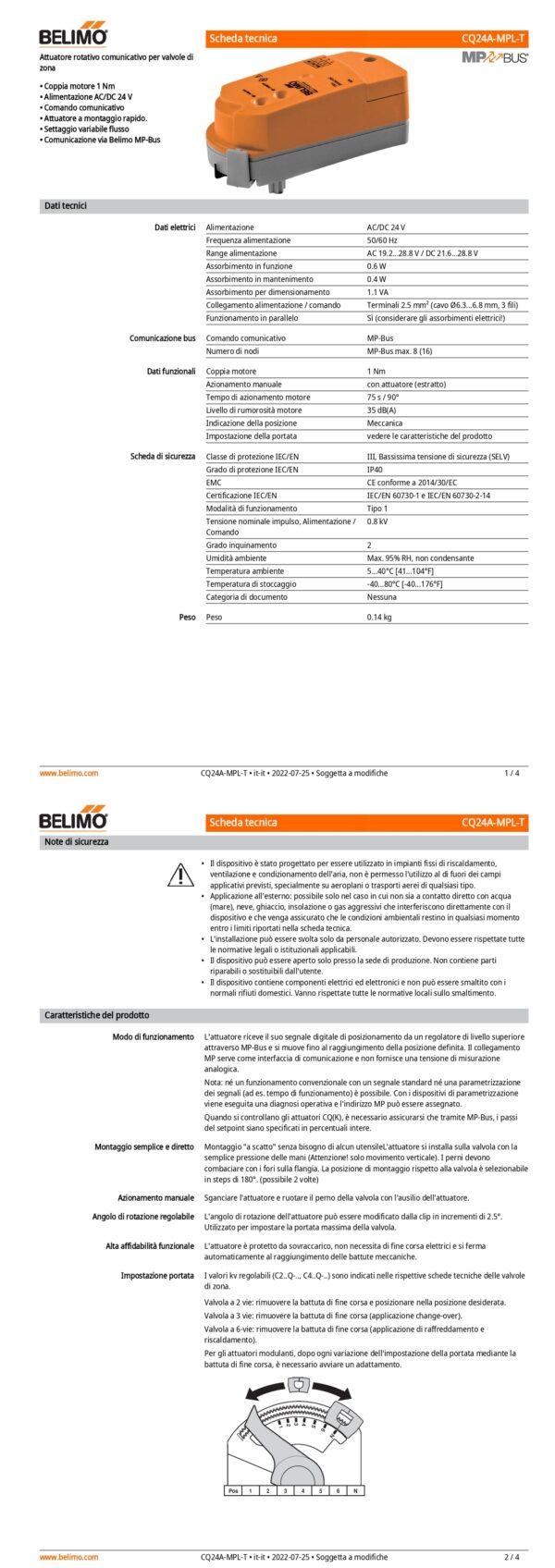 CQ24A-MPL-T Attuatore rotativo (ZoneTight), 1 Nm, AC/DC 24 V, MP-Bus, 75 s, IP40, Terminali - immagine 2