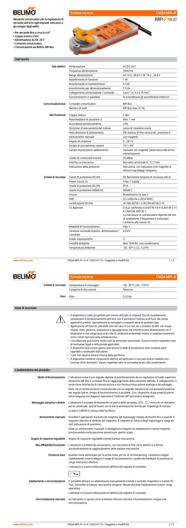 CM24-MPL-R Attuatore rotativo, 2 Nm, AC/DC 24 V, MP-Bus, 75 s, IP54, senso di rotazione orario - immagine 2