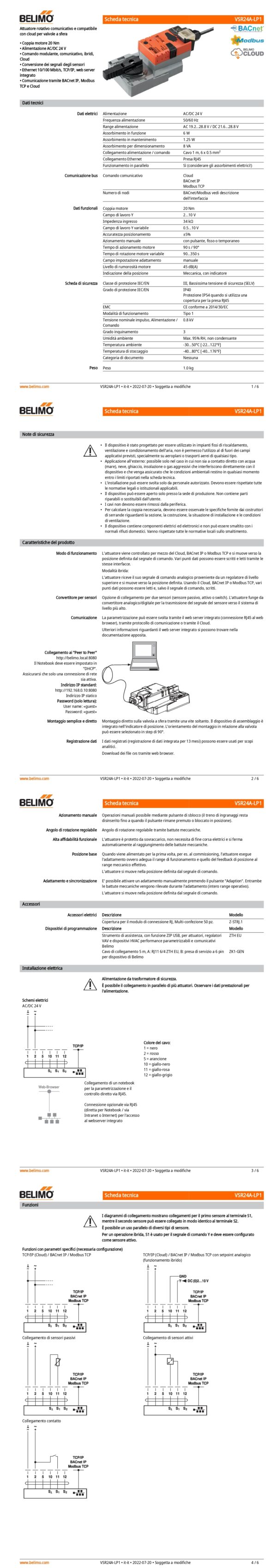 VSR24A-LP1 Attuatore rotativo, 20 Nm, AC/DC 24 V, Cloud, BACnet IP, Modbus TCP, 90 s (90...350 s), IP40 - immagine 2