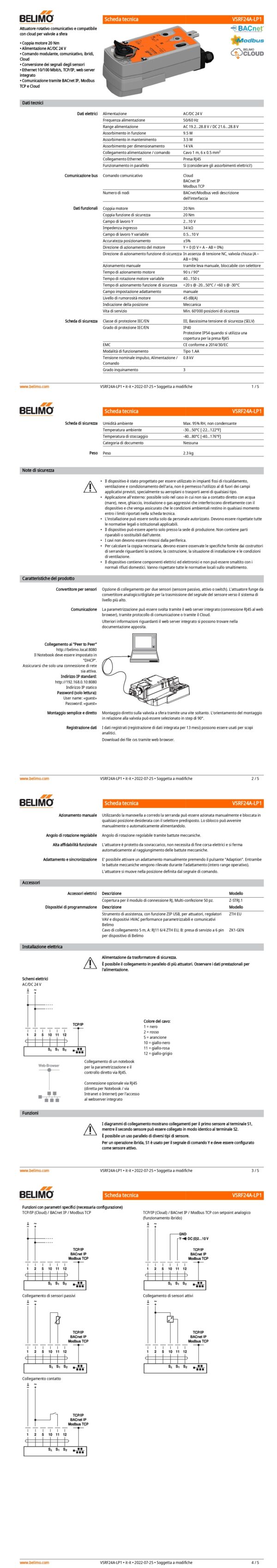 VSRF24A-LP1 Attuatore rotativo con funzione di sicurezza NC, 20 Nm, AC/DC 24 V, Cloud, BACnet IP, Modbus TCP, 90 s (40...150 s), IP40 - immagine 2