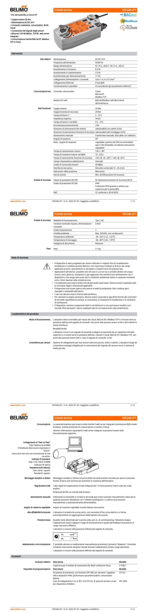VSF24A-LP1 Attuatore rotativo con funzione di sicurezza, 20 Nm, AC/DC 24 V, Cloud, BACnet IP, Modbus TCP, 150 s (70...220 s), IP40 - immagine 2