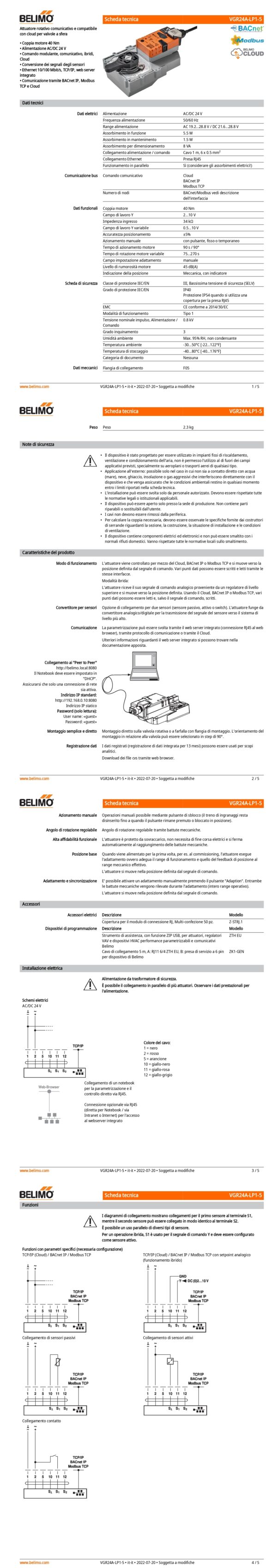 VGR24A-LP1-5 Attuatore rotativo, 40 Nm, AC/DC 24 V, Cloud, BACnet IP, Modbus TCP, 90 s (75...270 s), IP40, F05 - immagine 2