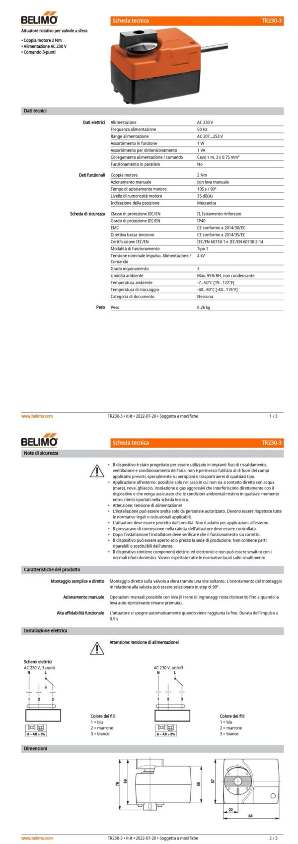 TR230-3 Attuatore rotativo, 2 Nm, AC 230 V, 3-punti, 105 s, IP40 - immagine 2