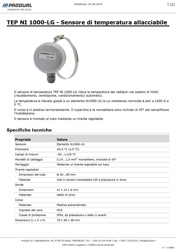 TEP NI1000-LG L&S NI 1000 SENSORE A CONTATTO - immagine 2