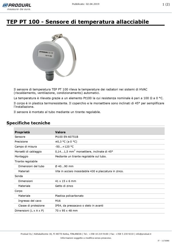 TEP PT 100 PT 100 SENSORE TEMP. A CONTATTO - immagine 2