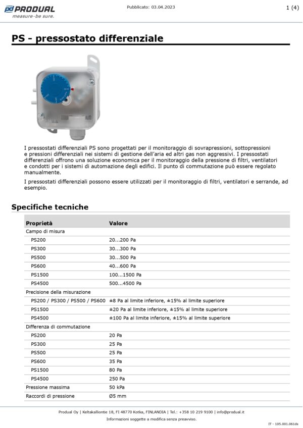 PS300 PRESSOSTATO DIFFERENZIALE 30…300 Pa - immagine 2