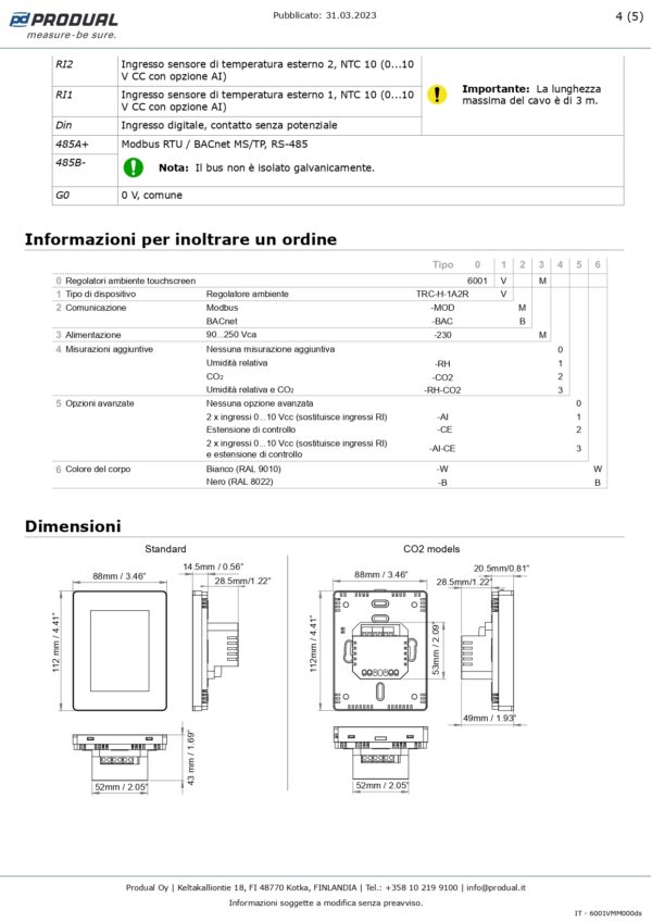 TRC-H-1A2R-MOD-230 REGOL. AMB. 1A0, 2RO-Modbus, 230Vac - immagine 5