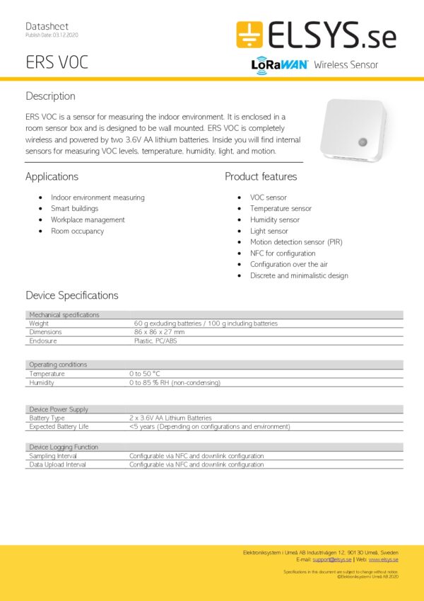 ERS VOC TRASM. LORAWAN, TEMP. + RH + VOC + LUCE + PIR - immagine 2