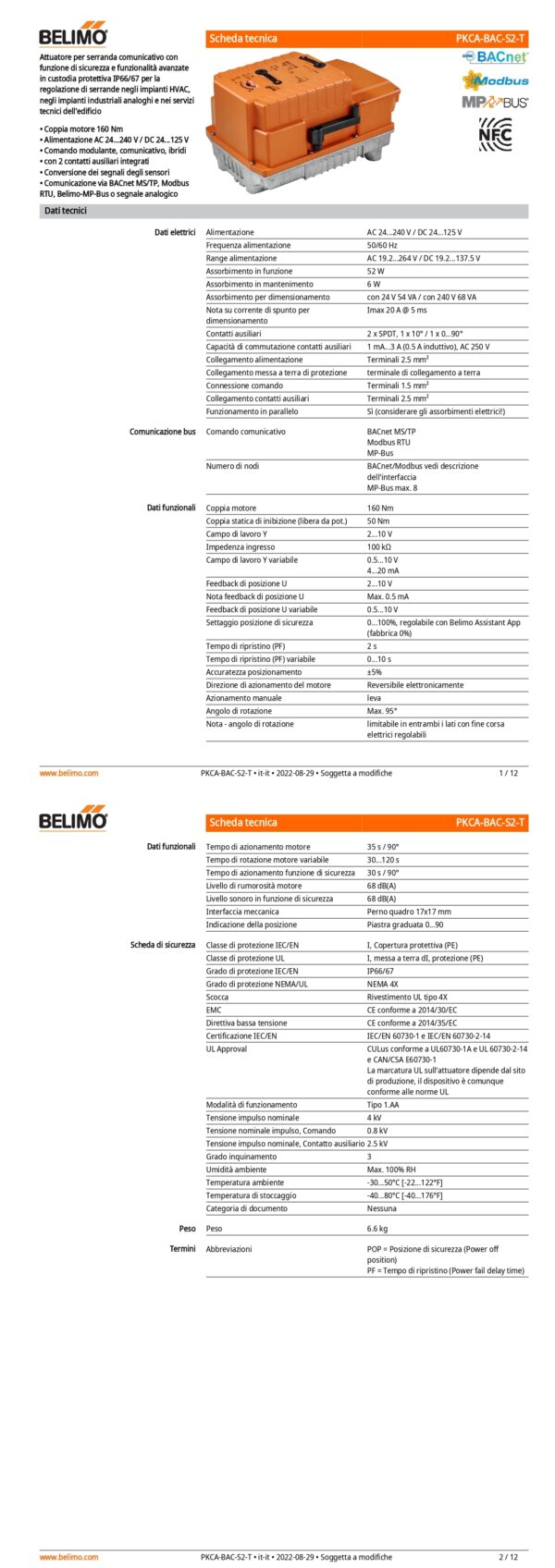 PKCA-BAC-S2-T Attuatore rotativo con funzione di sicurezza, 160 Nm, AC 24...240 V / DC 24...125 V, BACnet MS/TP, Modbus RTU, MP-Bus, 2...10 V, 35 s (30...120 s), 2 x SPDT, IP66/67, Terminali - immagine 2