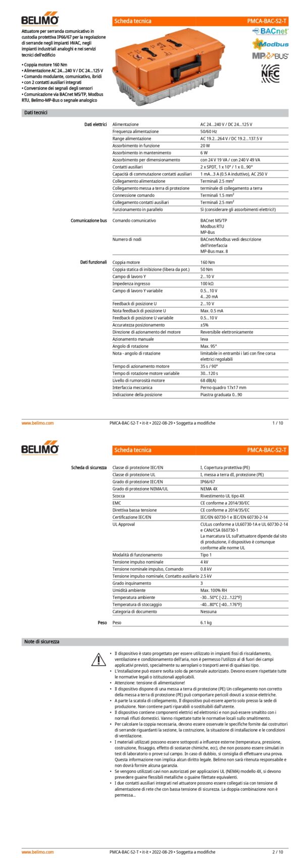 PMCA-BAC-S2-T Attuatore rotativo, 160 Nm, AC 24...240 V / DC 24...125 V, BACnet MS/TP, Modbus RTU, MP-Bus, 2...10 V, 35 s (30...120 s), 2 x SPDT, IP66/67, Terminali - immagine 2