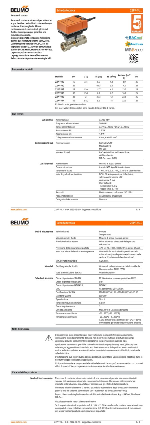 22PF-1UD Flow sensor, AC/DC 24 V, DN 20, FS 0.83 l/s - immagine 2