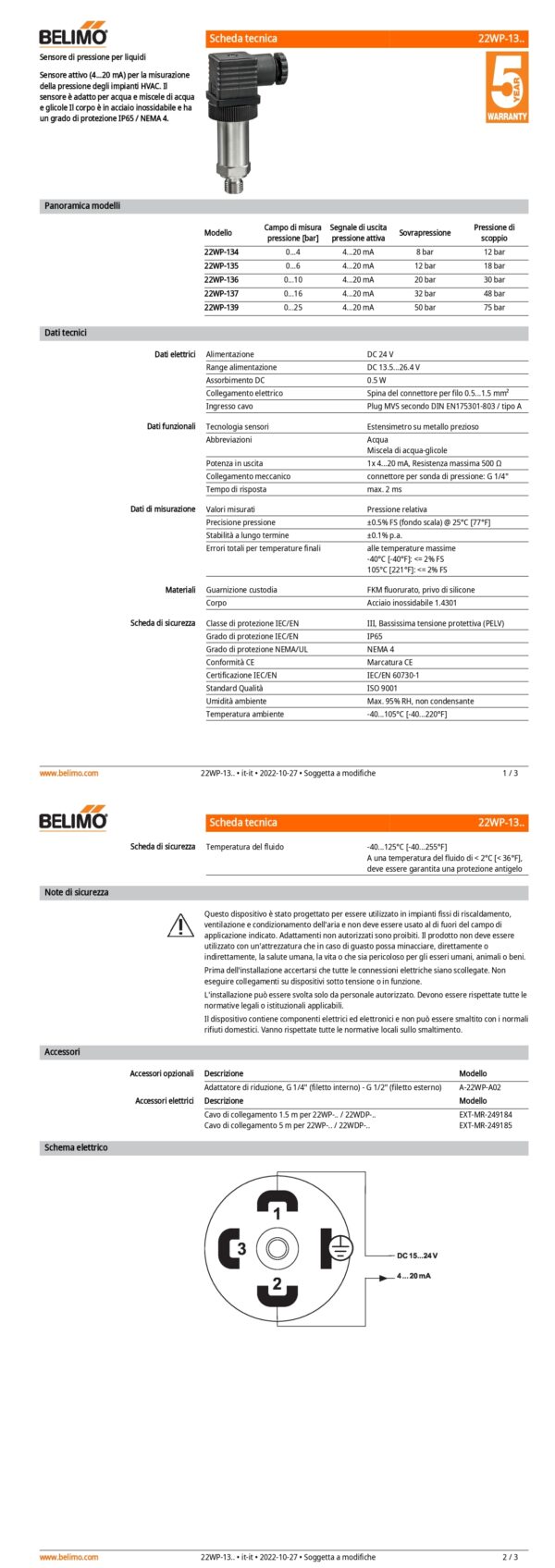 22WP-139 Sensore di pressione per liquidi, 0...25 bar, attivo, 4...20 mA - immagine 2