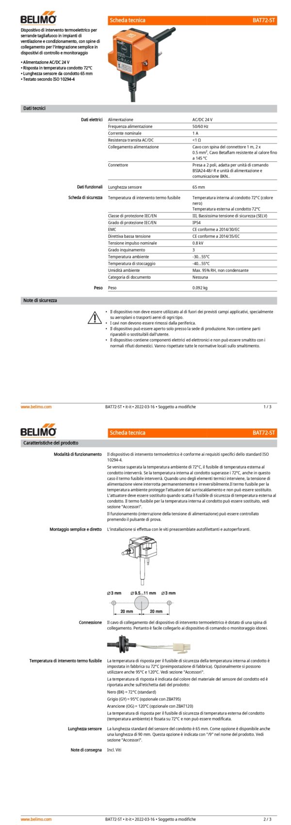 BAT72-ST Dispositivo di intervento termoelettrico con chiave di controllo, con spina, Temperatura interna al condotto 72°C (colore nero), Temperatura esterna al condotto 72°C, Lunghezza sensore 65 mm - immagine 2