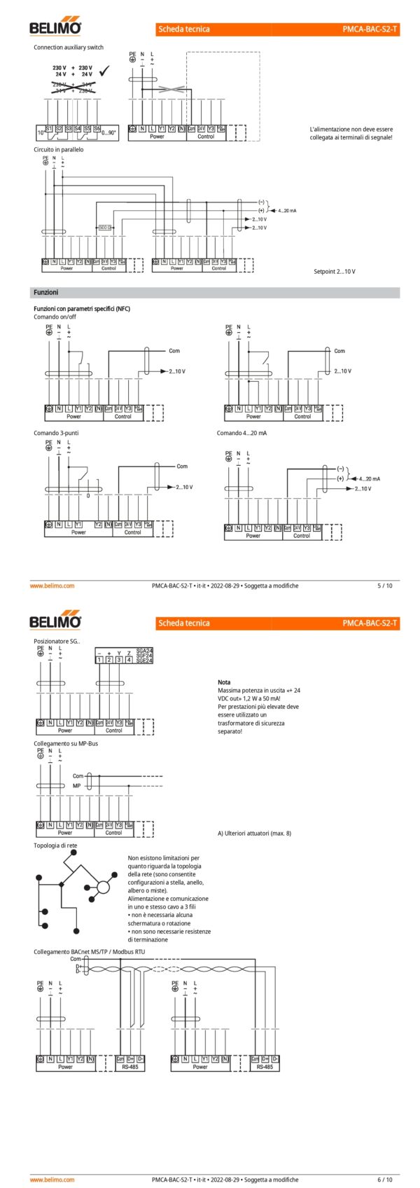 PMCA-BAC-S2-T Attuatore rotativo, 160 Nm, AC 24...240 V / DC 24...125 V, BACnet MS/TP, Modbus RTU, MP-Bus, 2...10 V, 35 s (30...120 s), 2 x SPDT, IP66/67, Terminali - immagine 4