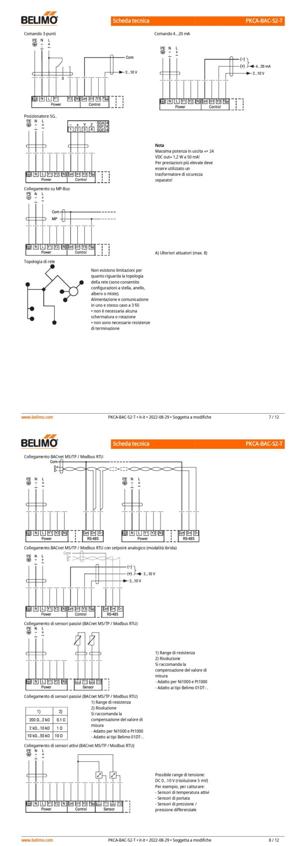 PKCA-BAC-S2-T Attuatore rotativo con funzione di sicurezza, 160 Nm, AC 24...240 V / DC 24...125 V, BACnet MS/TP, Modbus RTU, MP-Bus, 2...10 V, 35 s (30...120 s), 2 x SPDT, IP66/67, Terminali - immagine 5