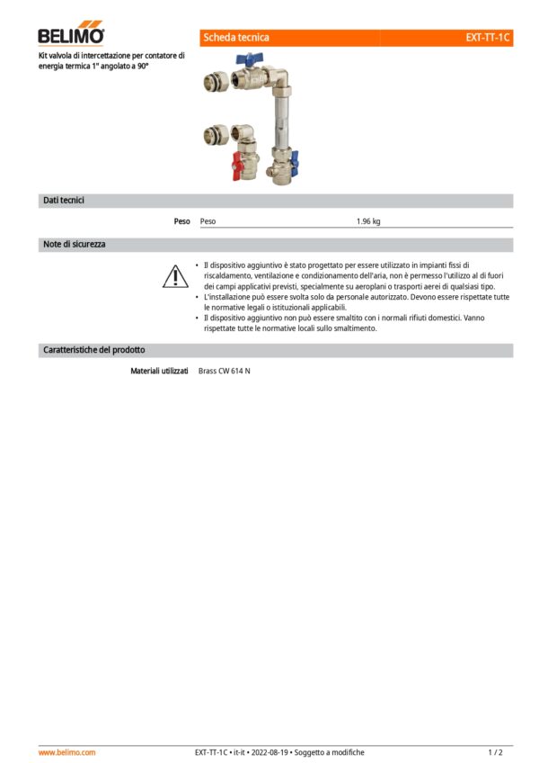 EXT-TT-1C Kit valvola di intercettazione per contatore di energia termica, 1" angolato a 90° - immagine 2