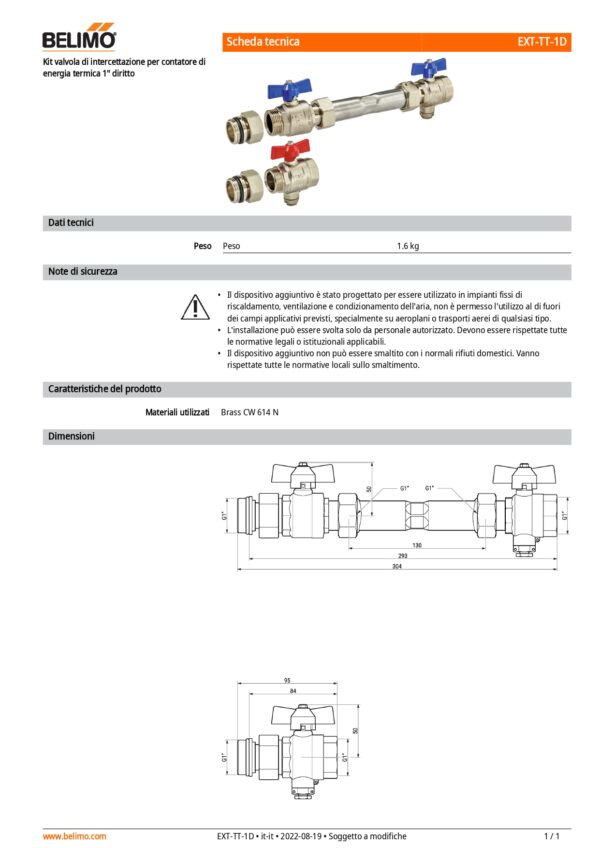 EXT-TT-1D Kit valvola di intercettazione per contatore di energia termica, 1" diritto - immagine 2