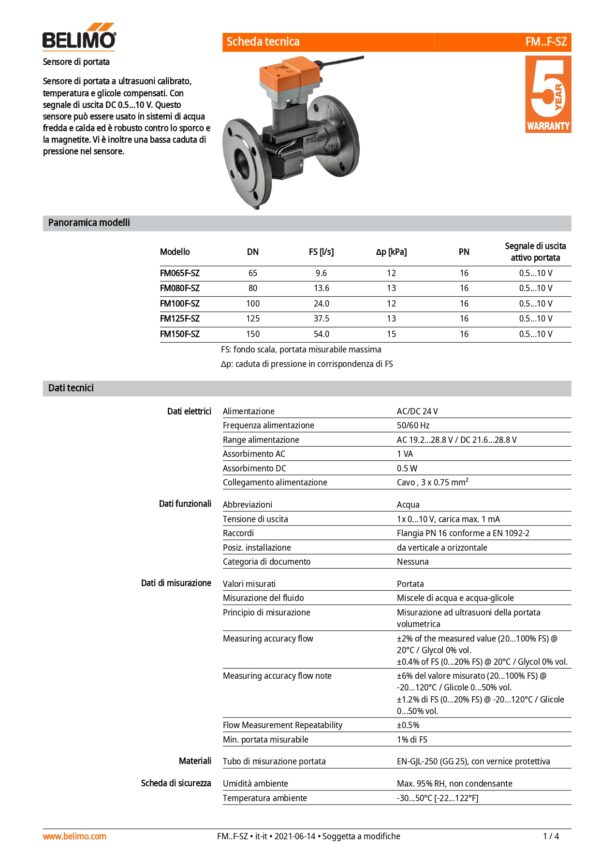 FM065F-SZ Flow sensor, AC/DC 24 V, DN 65, FS 9.6 l/s - immagine 2