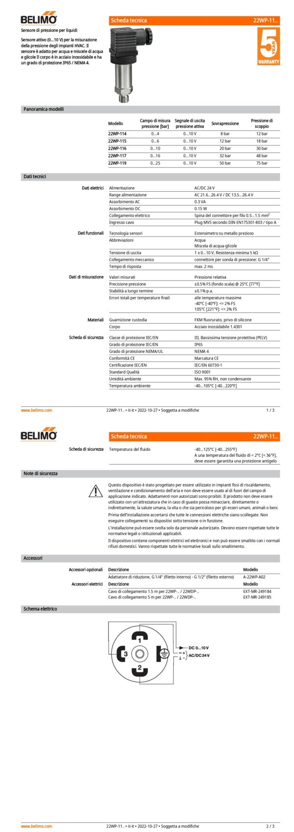 22WP-119 Sensore di pressione per liquidi, 0...25 bar, attivo, 0...10 V - immagine 2