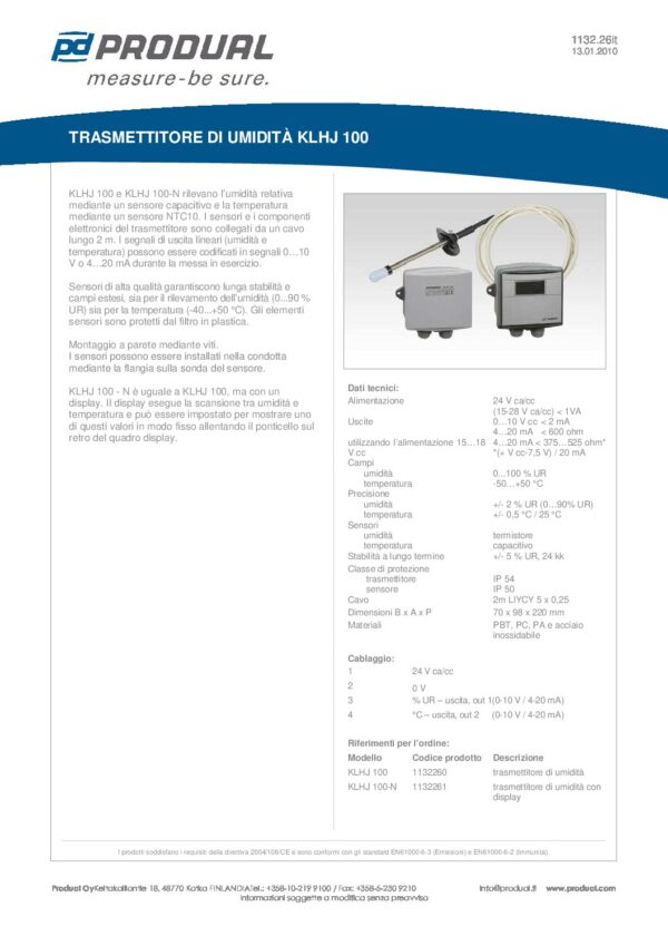 KLHJ 100 TRASMETTITORE UMIDITA'  CON CAVO - immagine 2