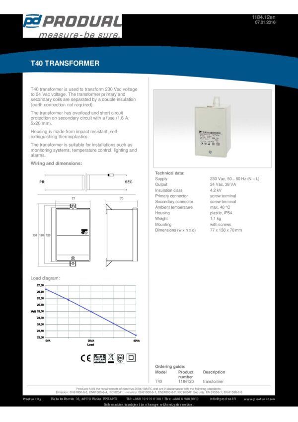 T40 TRASFORMATORE  230 Vac/24 Vac, 38 VA - immagine 2